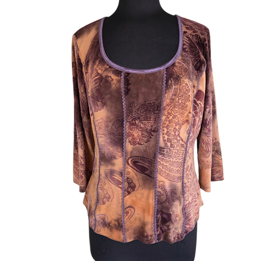 Vintage Y2K Dressbarn Large Romantic Tan Purple Floral Blouse Goth Girlie